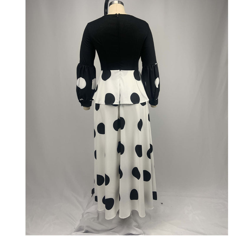 European And American New Cross Border Women\'S Clothing Source Mesh Stitching High Waist Dot Printing Long Dress