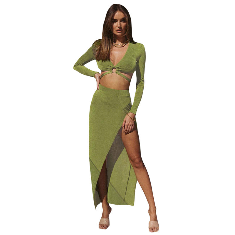 Fall Spilt Long Sleeve Bandage Dress Sets Fashion Outfits Elegant Women's Top And Skirts Sexy Club Matching Set