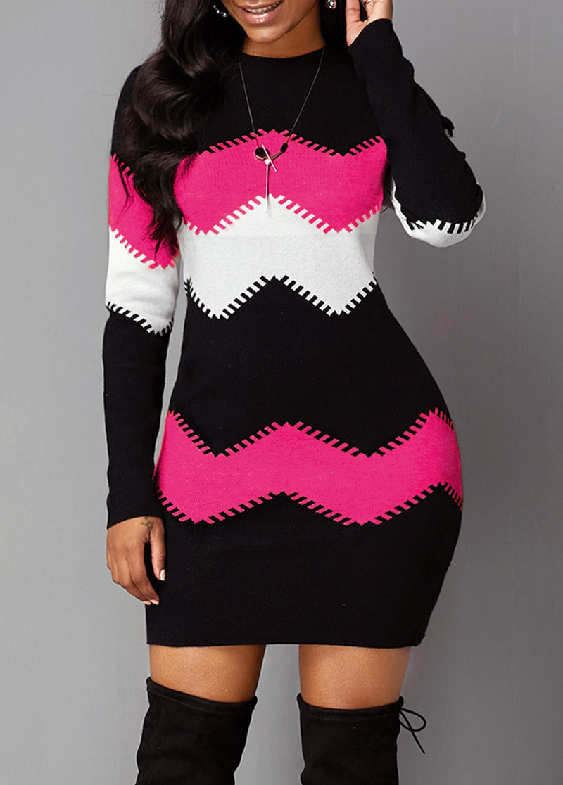 Women's Mid-length Round Neck Long Sleeve Printed Knitted Dress